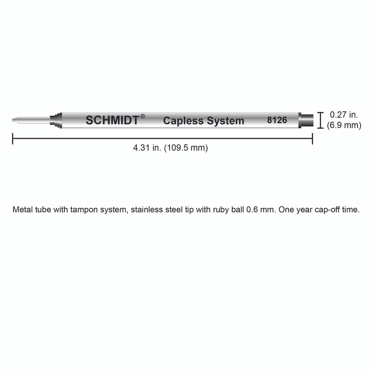 Schmidt® 8126 Long Capless Rollerball Refill Fine Point 0.6mm, 2pk