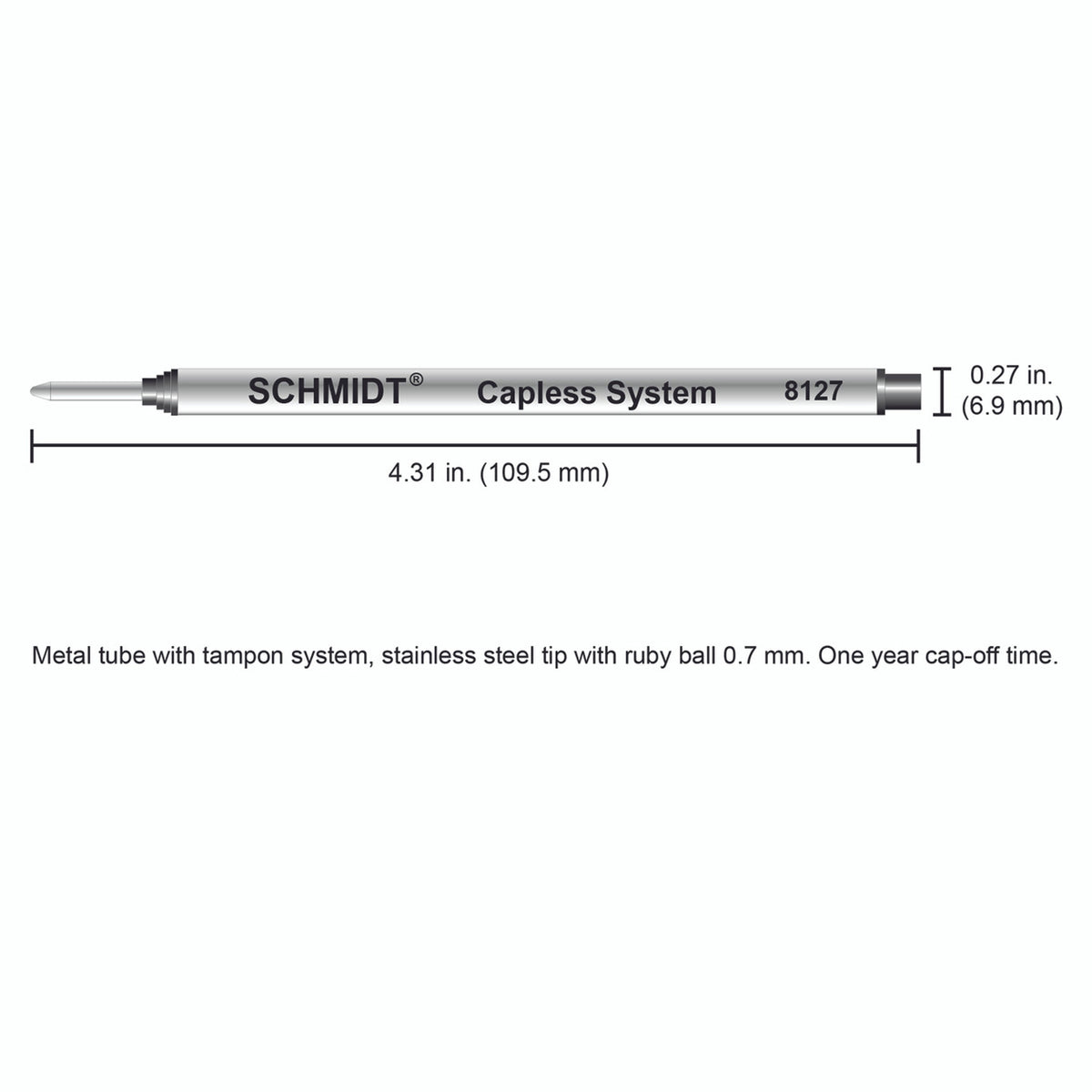 Schmidt® 8127 Long Capless Rollerball Refill Medium Point 0.7mm, 2pk