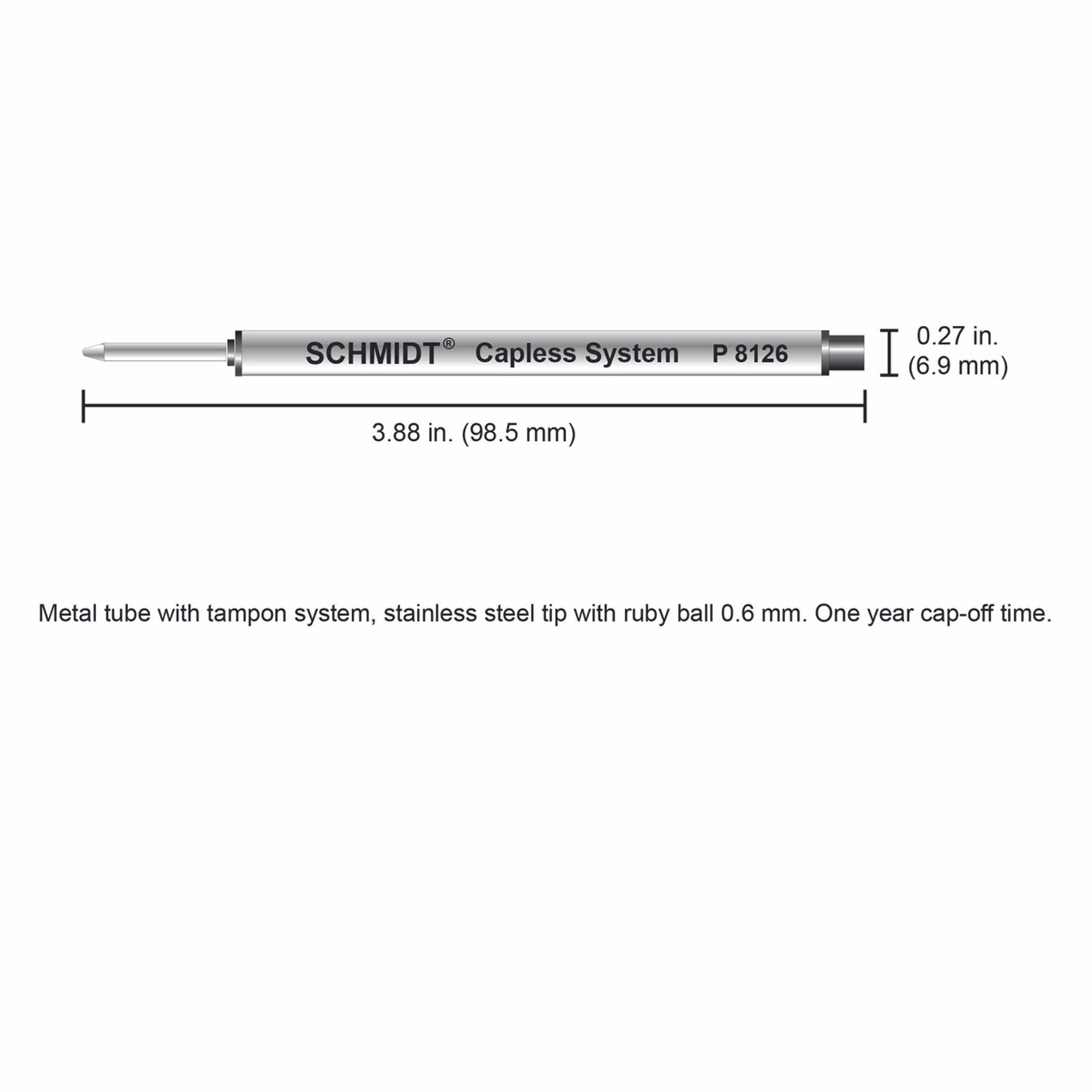 Schmidt® P8126 Short Capless Rollerball Refill Fine Point 0.6mm, 2pk