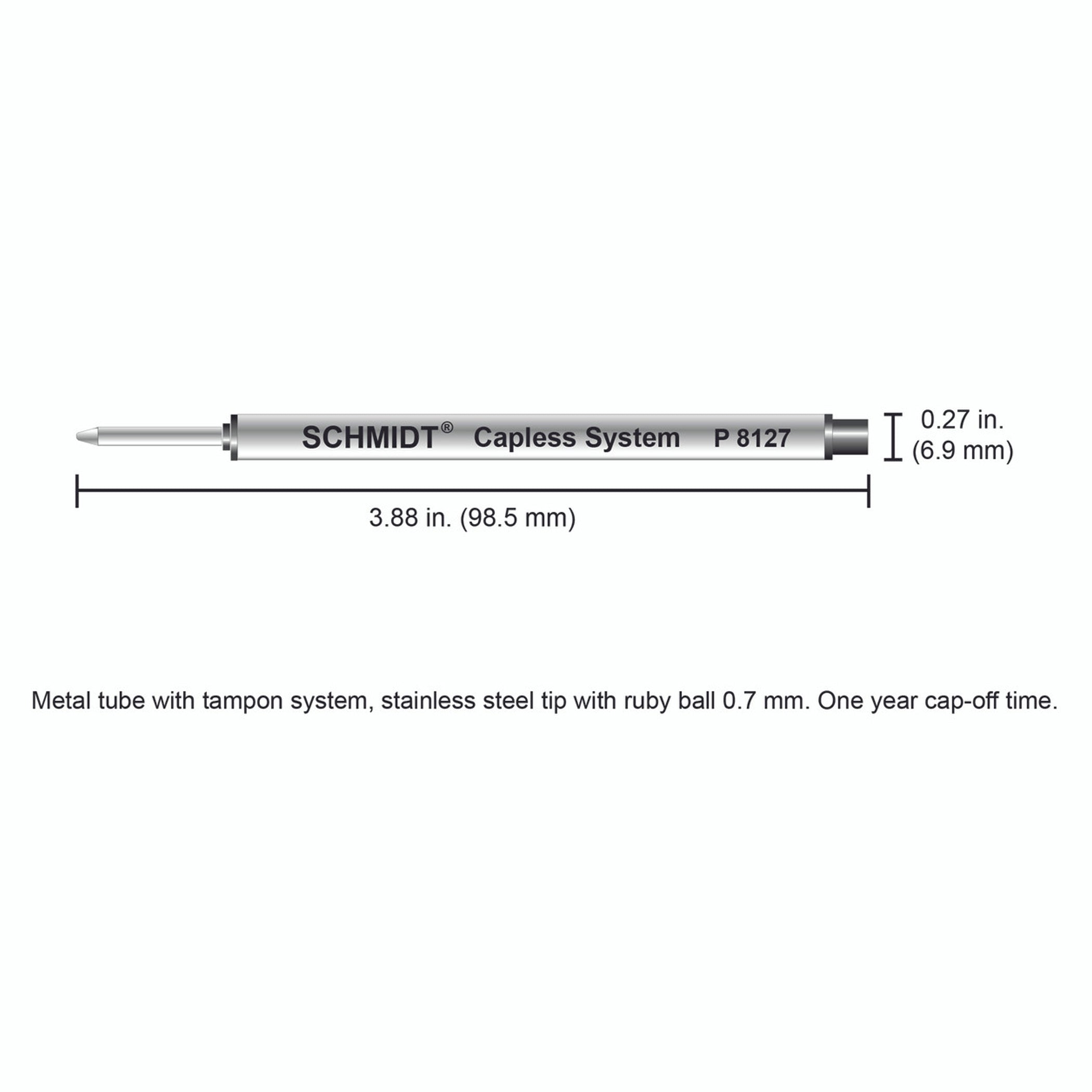 Schmidt® P8127 Short Capless Rollerball Refill Medium Point 0.7mm, 2pk