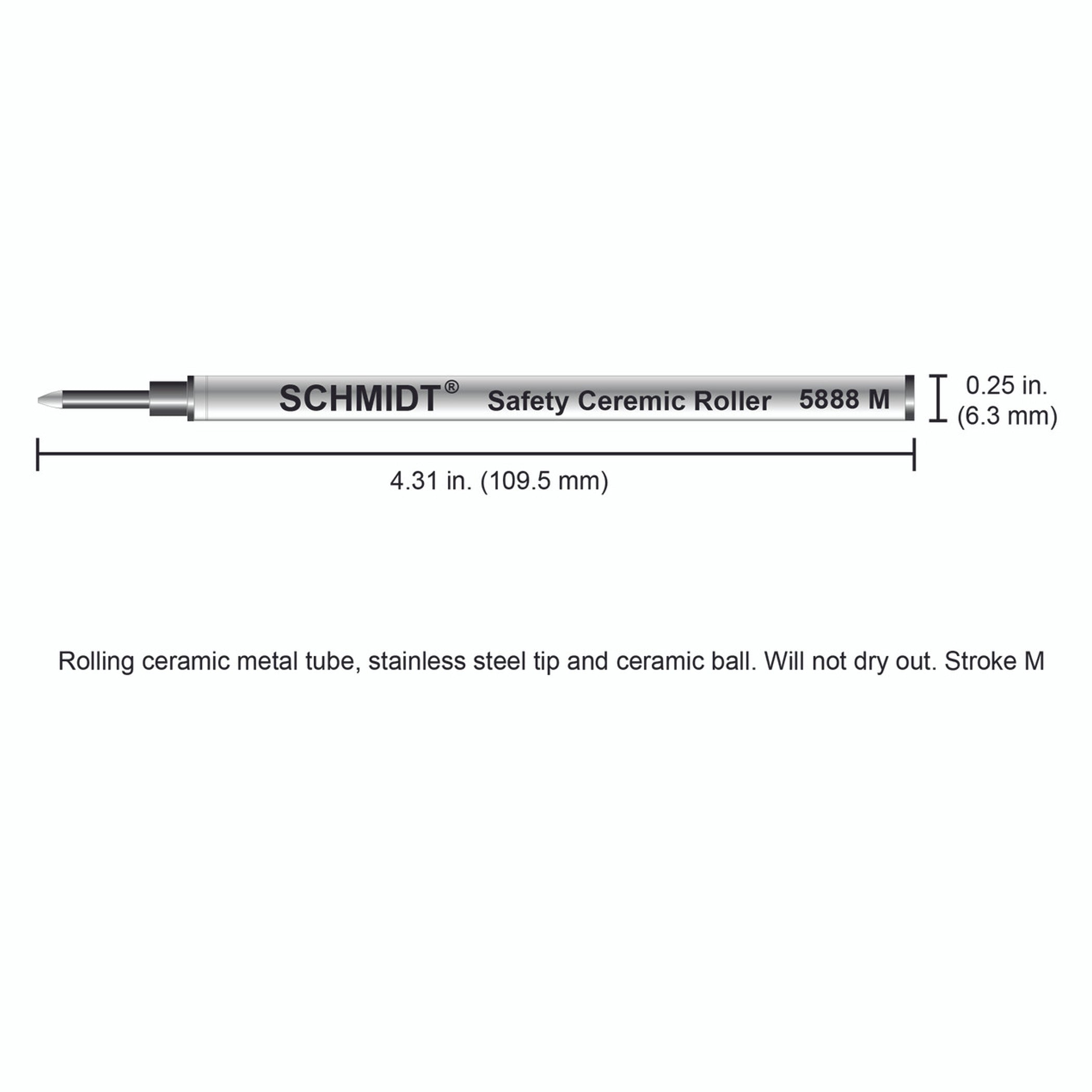 Schmidt® 5888 Safety Ceramic Rollerball Refill Medium Point 0.7mm, Metal Tube, 2pk