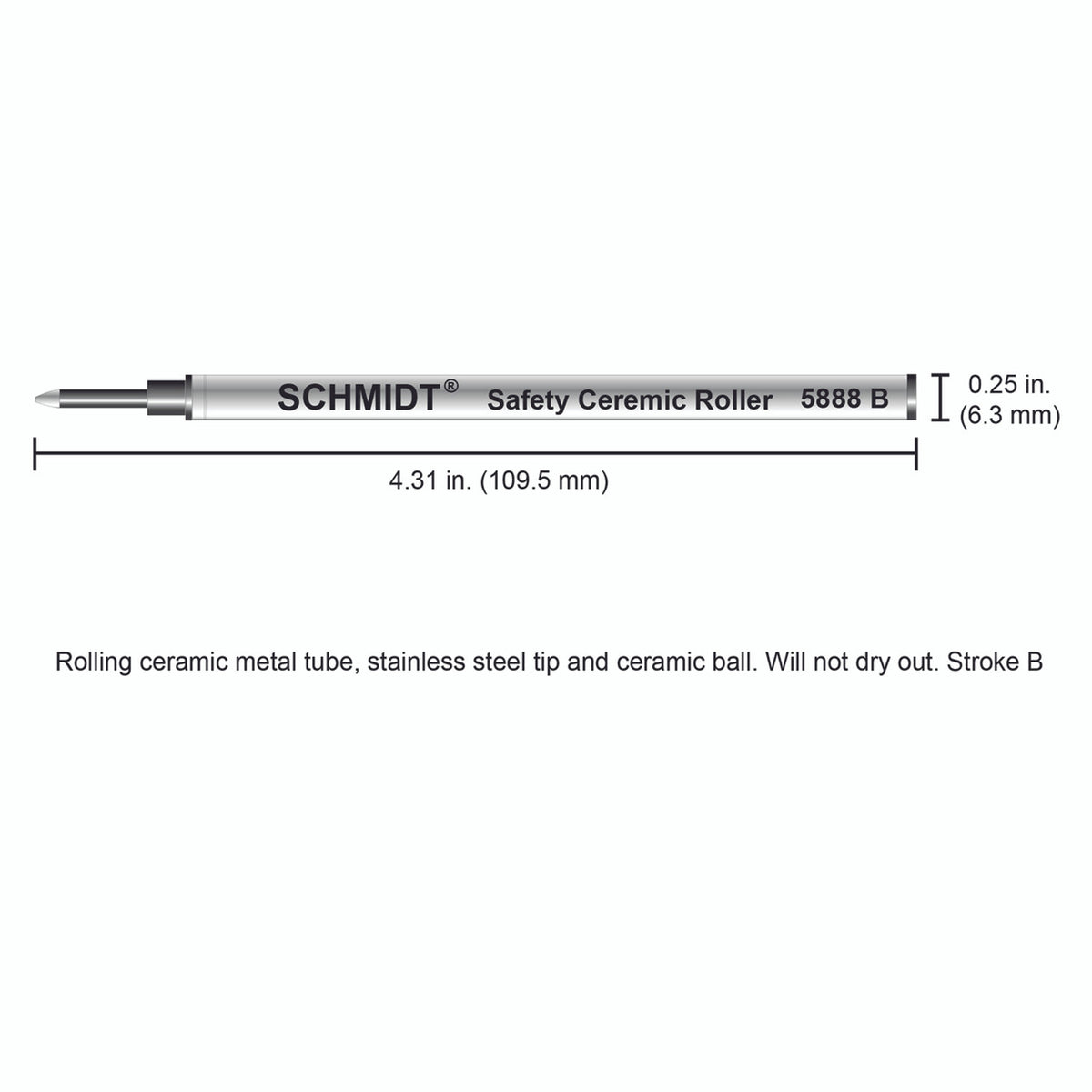 Schmidt® 5888 Safety Ceramic Rollerball Refill Broad Point 1.0mm, Metal Tube, 2pk