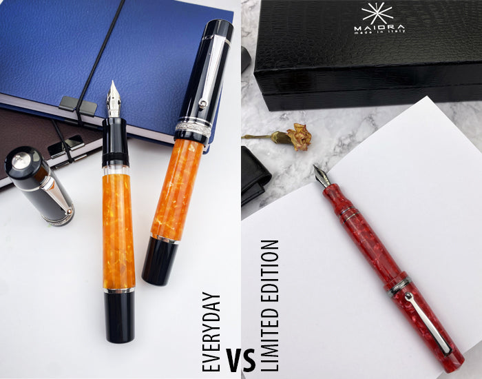 Limited edition and regular collection fine writing pens displayed side by side.