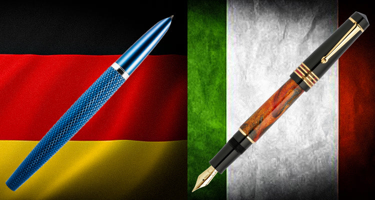 Italian and German luxury fountain pens showcasing the contrast between expressive Italian craftsmanship and precision German engineering.