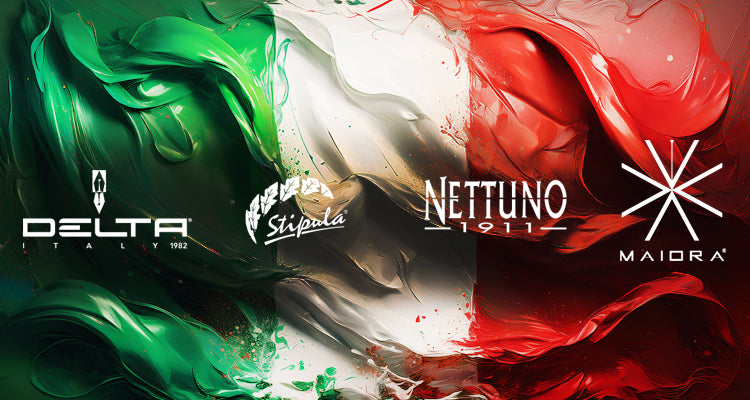 Collection of Italian luxury pens from Delta, Stipula, Maiora, and Nettuno showcasing Italian craftsmanship and fine writing design