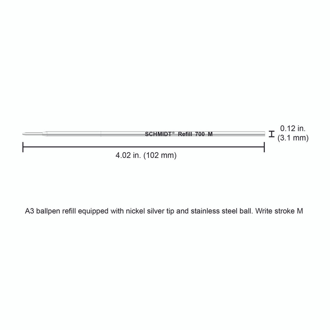 Schmidt® 700 A3 Ballpoint Refill To Fit European Early Model Pens, Italian Made Aurora Flat Ballpen, Medium Point , 2pk