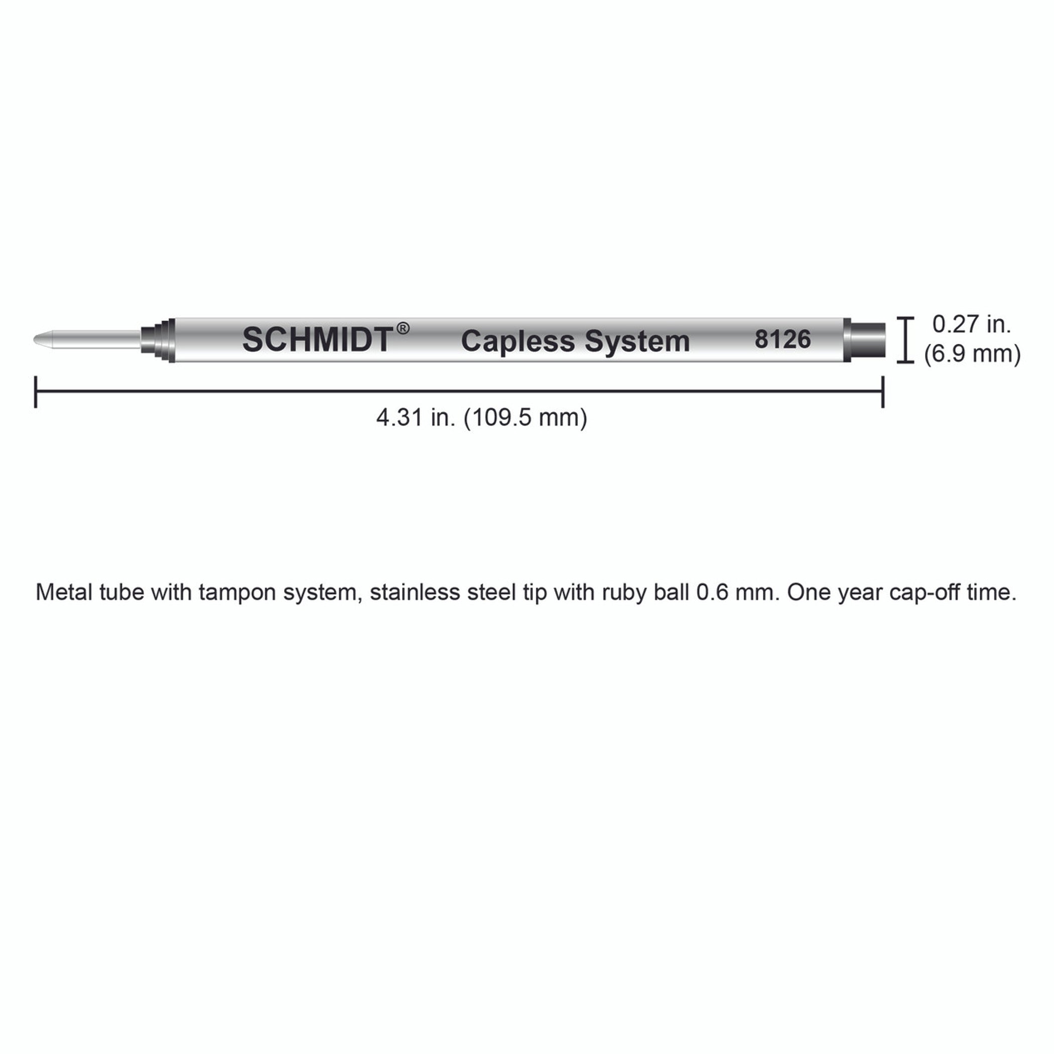 Schmidt® 8126 Long Capless Rollerball Refill Fine Point 0.6mm, 2pk