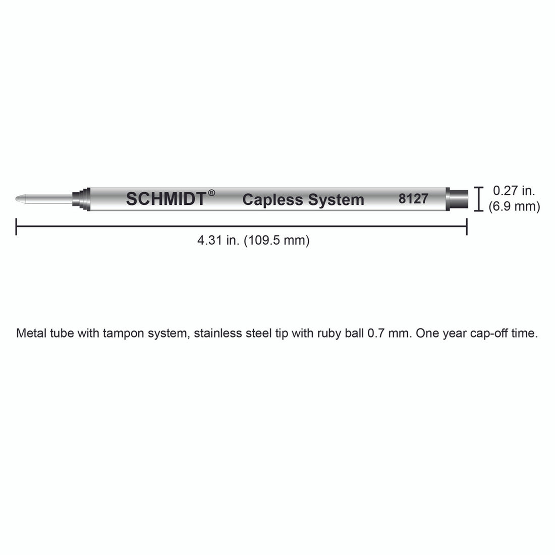 Schmidt® 8127 Long Capless Rollerball Refill Medium Point 0.7mm, 2pk