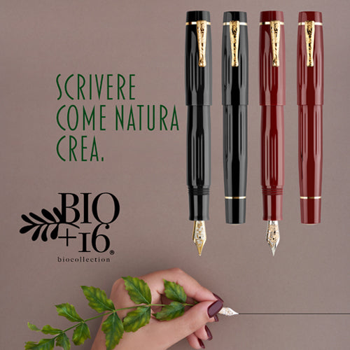 Three fountain pens in black, gray, and red with gold accents on a brown background, featuring the Delta Bio+16 brand.