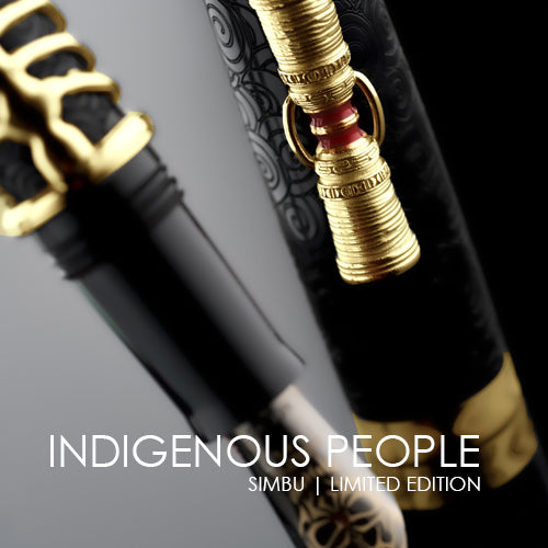 Close-up of Simbu pen with gold and black details, featuring the text 'Indigenous People Simbu Limited Edition'