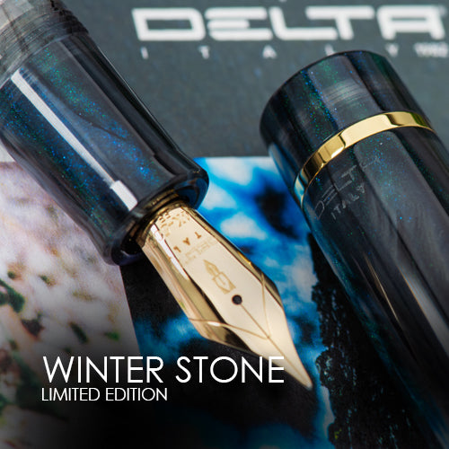 Fountain pen with blue and black design close up on nib, featuring 'Winter Stone' Limited Edition text.