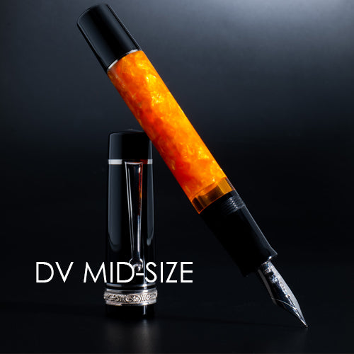 Fountain pen with orange accents on a black background, labeled 'DV Mid-Size'.