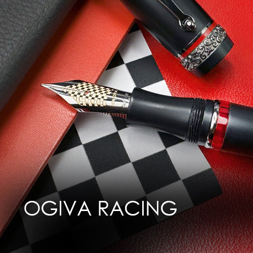 Pen with decorative cap on a checkered surface, featuring 'OGIVA RACING' branding.