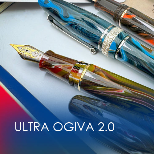 Maiora fountain pens with 'Ultra Ogiva 2.0' text on a reflective surface