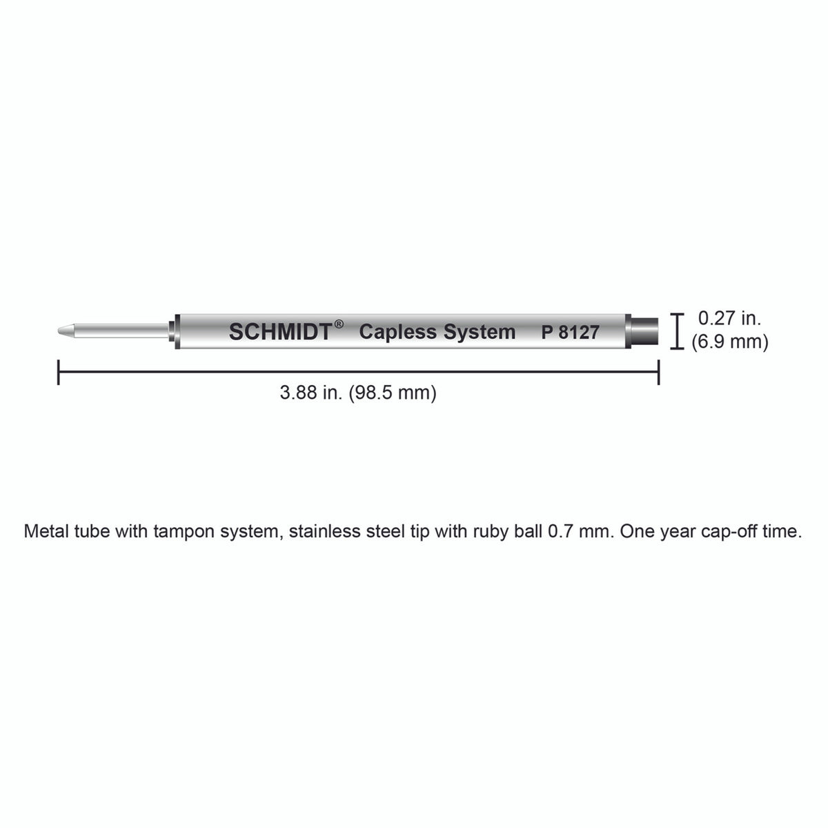 Schmidt® P8127 Short Capless Rollerball Refill Medium Point 0.7mm, 2pk
