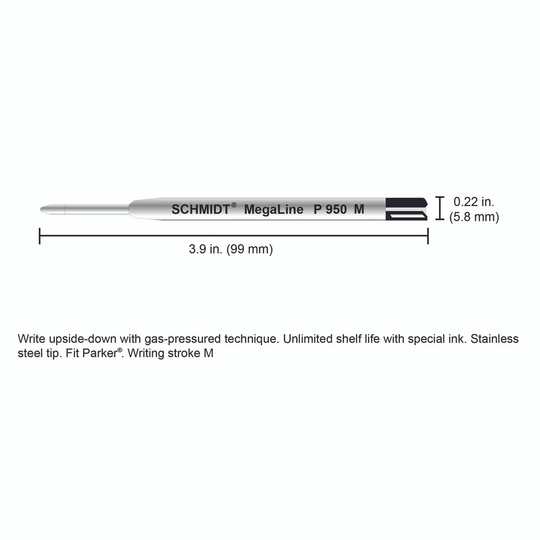 Schmidt® P950 Megaline Pressurized Ballpoint Refill Medium Point Stainless Steel Ball, 2pk