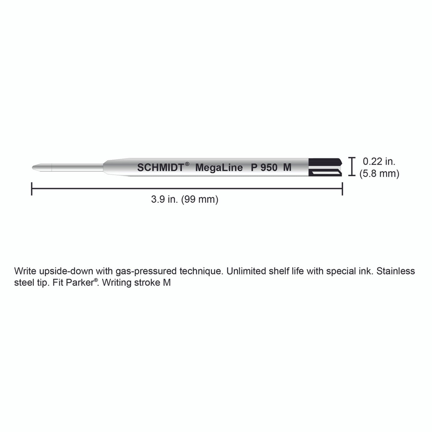 Schmidt® P950 Megaline Pressurized Ballpoint Refill Medium Point Stainless Steel Ball, 2pk