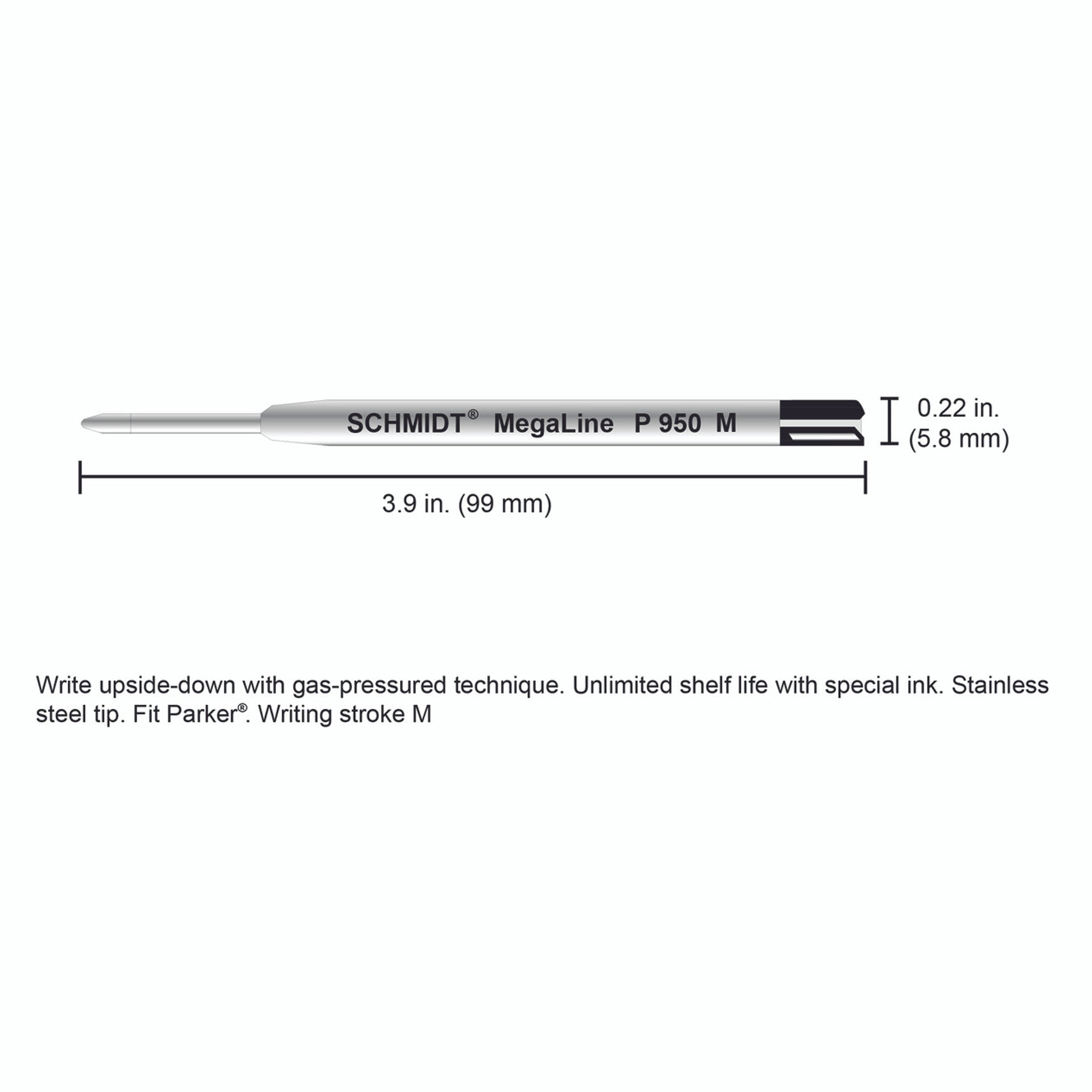 Schmidt® P950 Megaline Pressurized Ballpoint Refill Medium Point Stainless Steel Ball, 2pk