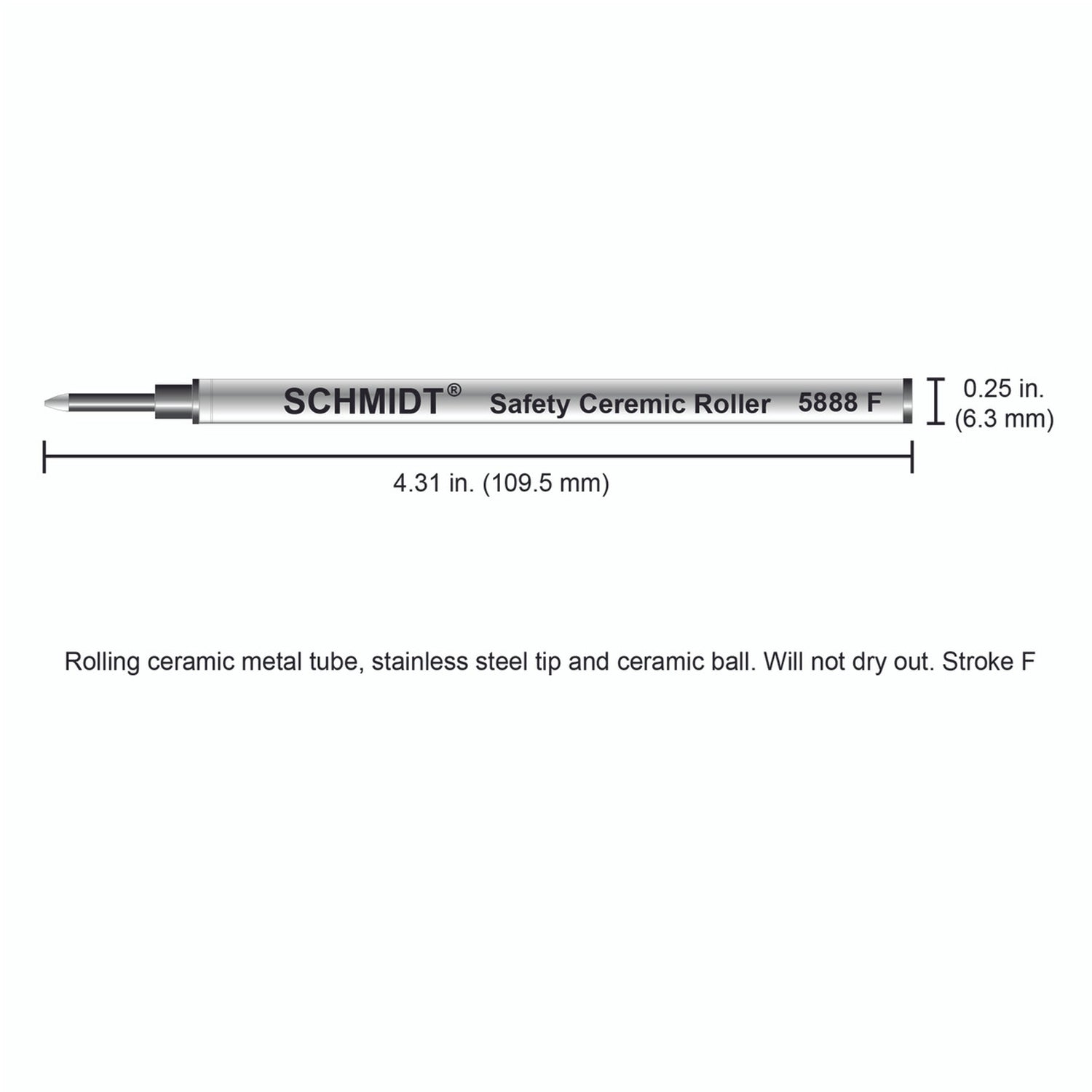 Schmidt® 5888 Safety Ceramic Rollerball Refill Fine Point 0.6mm, Metal Tube, 2pk