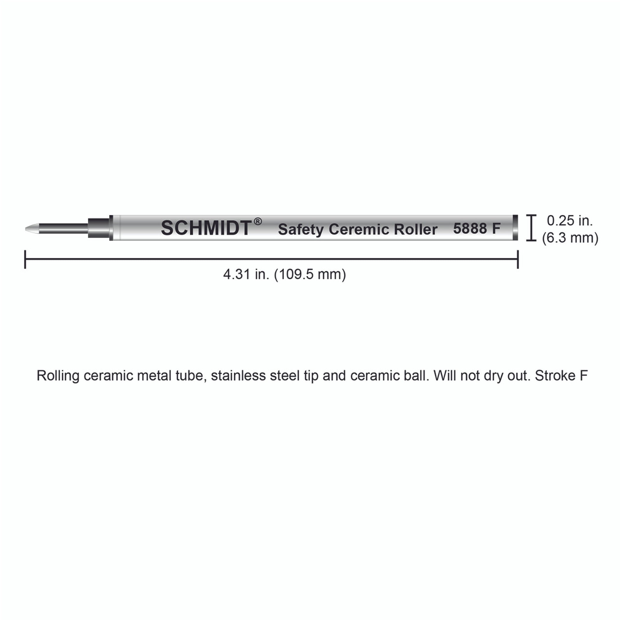Schmidt® 5888 Safety Ceramic Rollerball Refill Fine Point 0.6mm, Metal Tube, 2pk