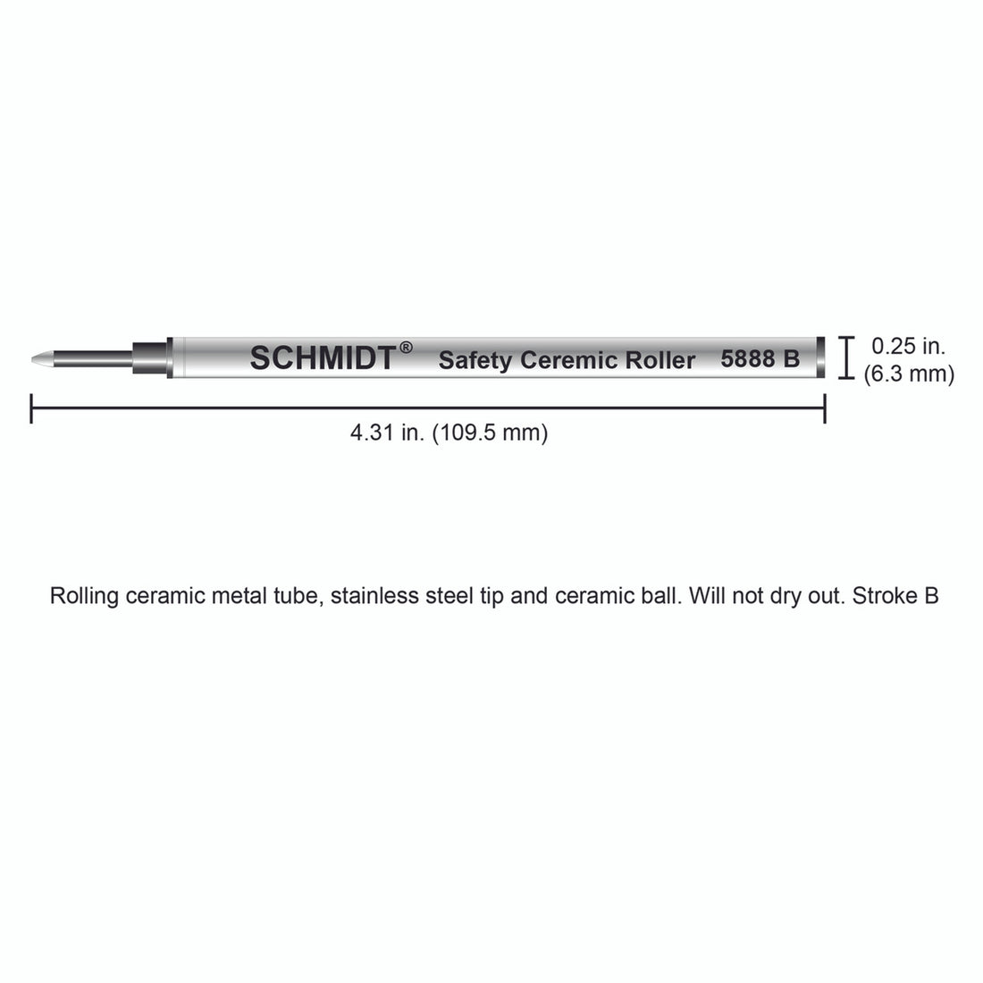 Schmidt® 5888 Safety Ceramic Rollerball Refill Broad Point 1.0mm, Metal Tube, 2pk