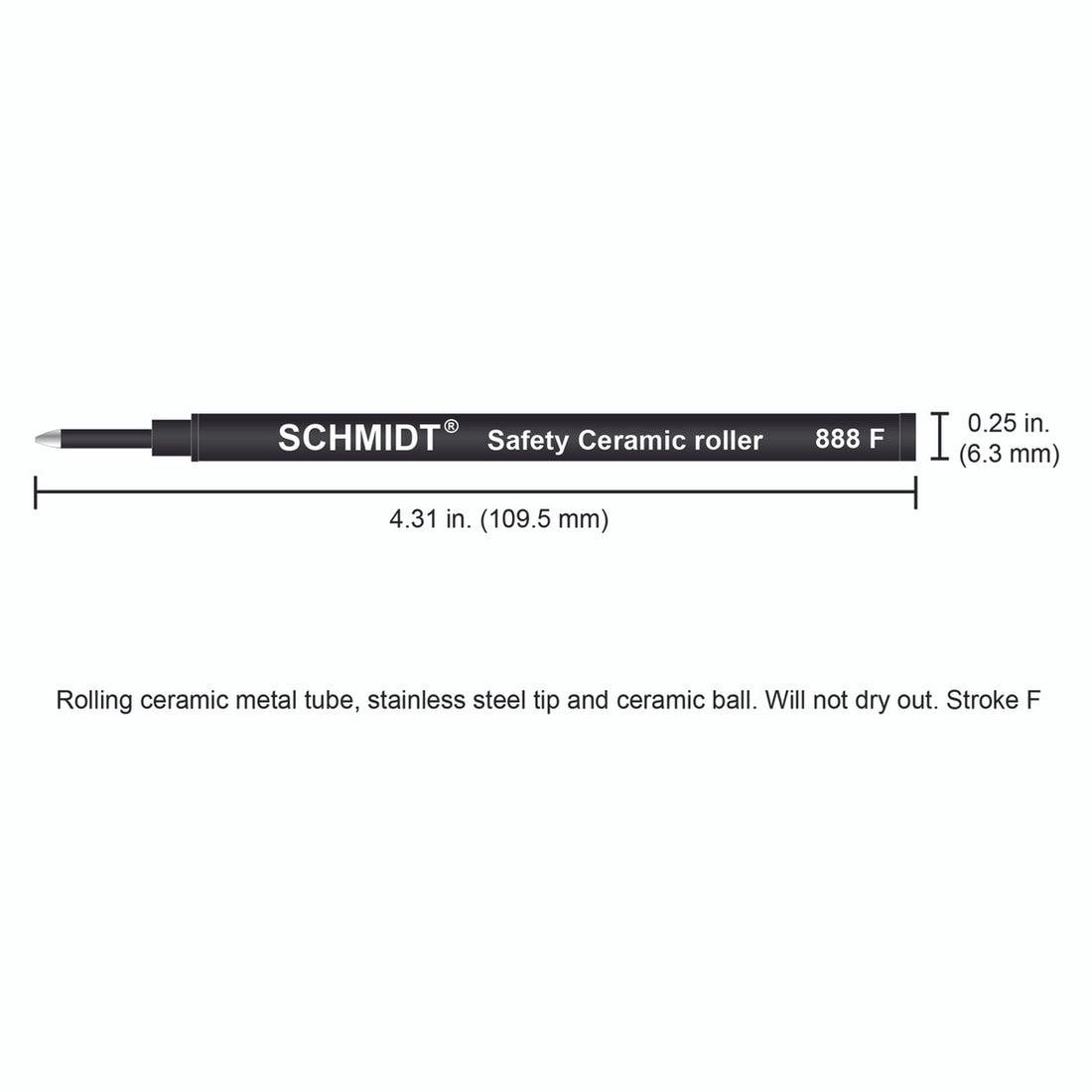 Schmidt® 888 Safety Ceramic Rollerball Refill, Fine Point 0.6mm Plastic Tube, 2pk