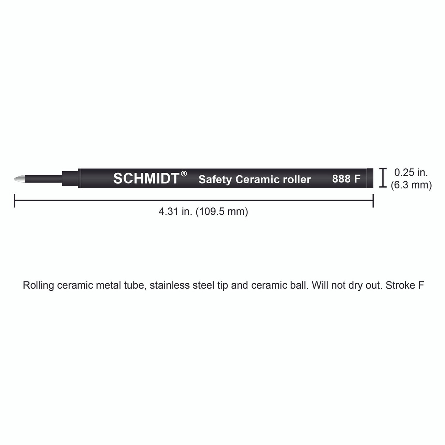 Schmidt® 888 Safety Ceramic Rollerball Refill, Fine Point 0.6mm Plastic Tube, 2pk