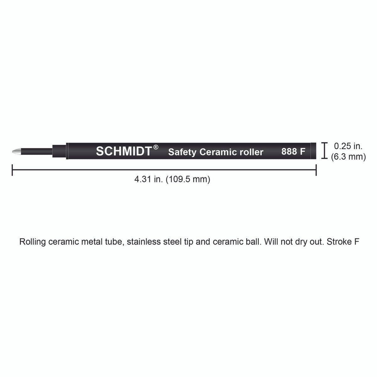 Schmidt® 888 Safety Ceramic Rollerball Refill, Fine Point 0.6mm Plastic Tube, 2pk