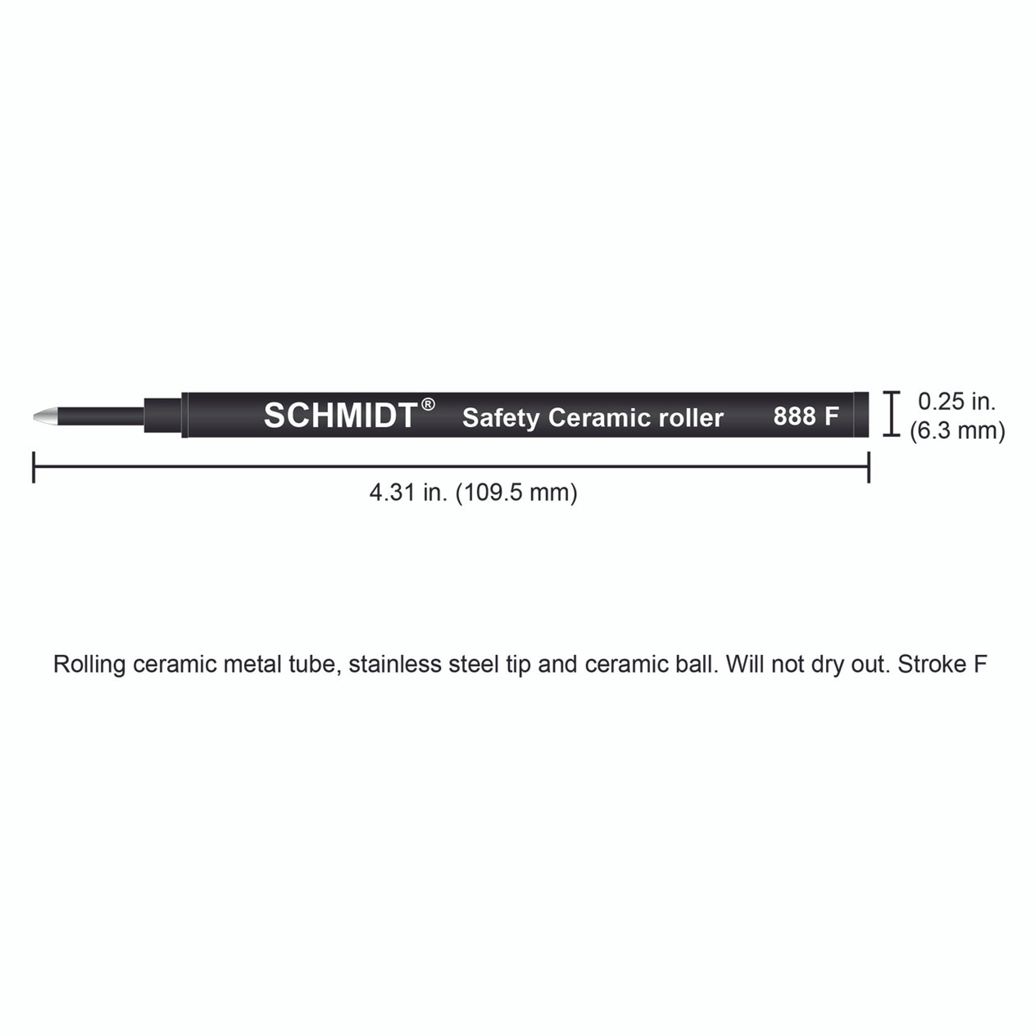 Schmidt® 888 Safety Ceramic Rollerball Refill, Fine Point 0.6mm Plastic Tube, 2pk