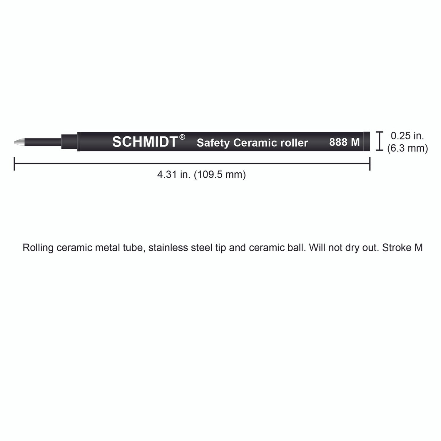 Schmidt® 888 Safety Ceramic Rollerball Refill, Medium Point 0.7mm Plastic Tube, 2pk