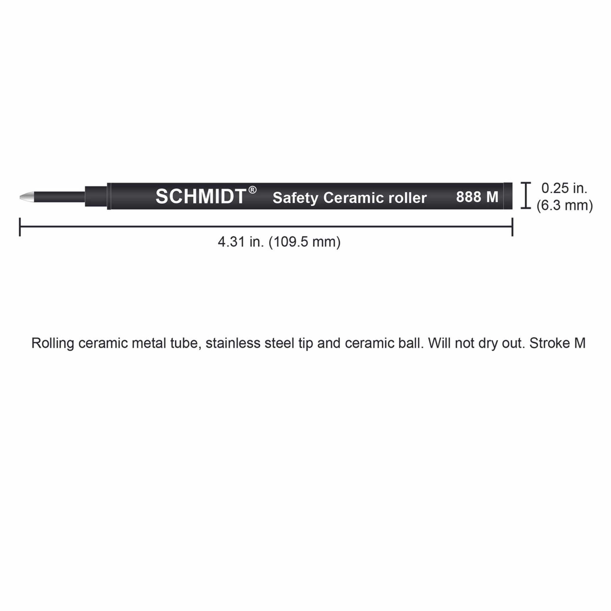 Schmidt® 888 Safety Ceramic Rollerball Refill, Medium Point 0.7mm Plastic Tube, 2pk