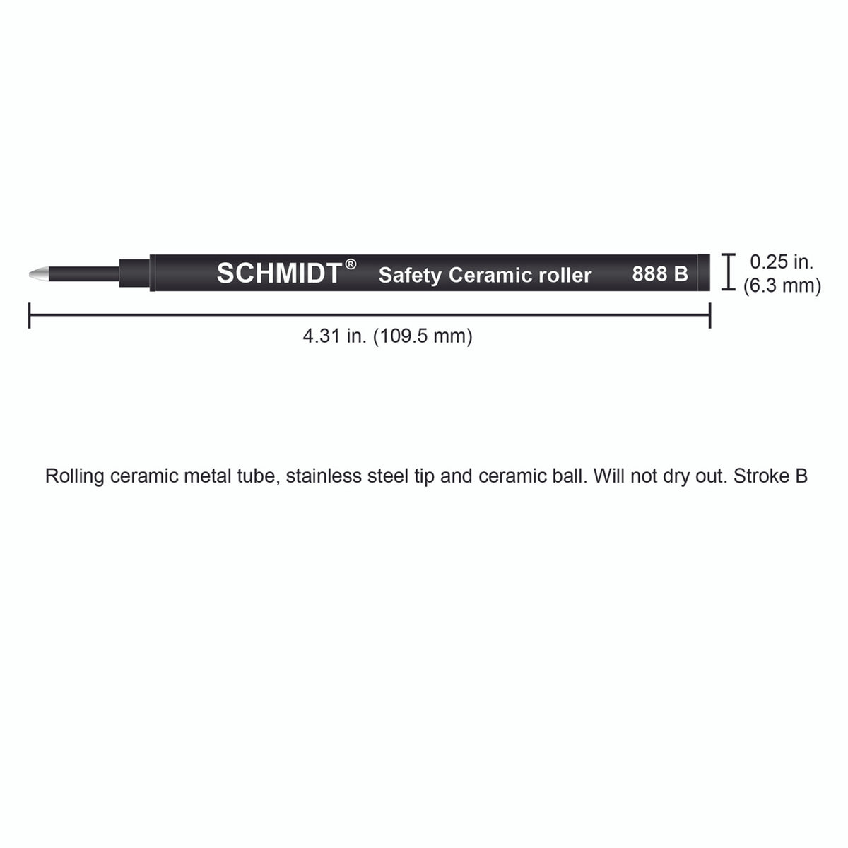 Schmidt® 888 Safety Ceramic Rollerball Refill, Black Broad Point 1.0mm Plastic Tube, 2pk